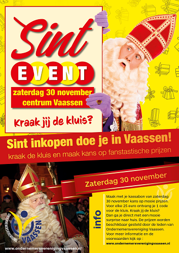 Zaterdag 30 november Sint event in Vaassen “Kraak de Kluis” en prijsuitreiking kleurplaten wedstrijd.