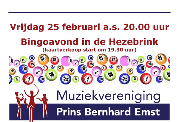 Bingoavond Prins Bernhard Emst vrijdagavond 25 februari a.s. 