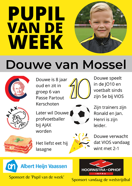 Pupil van de week bij VIOS Vaassen is Douwe van Mossel