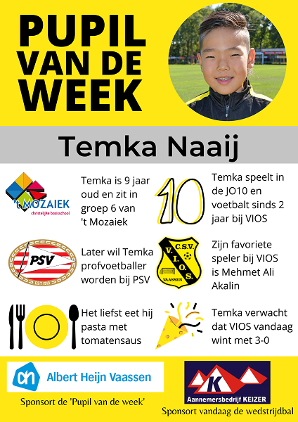 Pupil van de week bij VIOS Vaassen is Temka Naaij