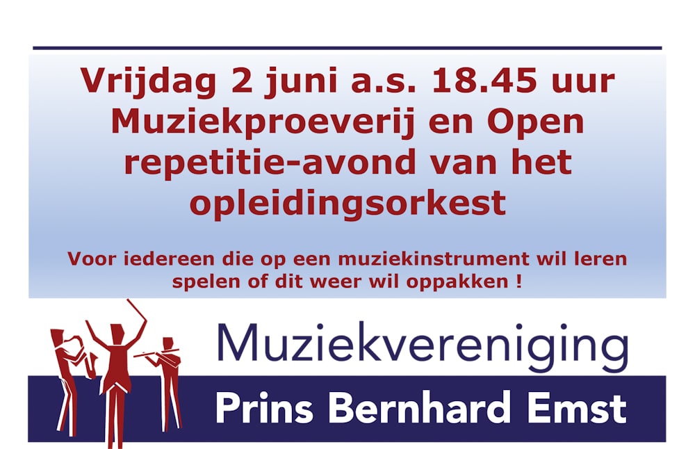 Kom vrijdagavond 2 juni instrumenten uitproberen bij Muziekvereniging Prins Bernhard 